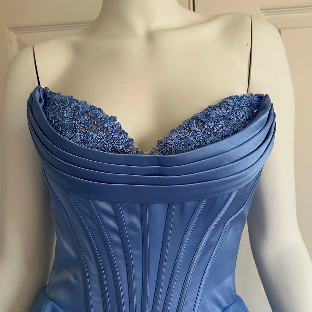 Sherri Hill Blue Ruffled Strapless Evening Gown Prom Dress worn once - Picture 6 of 10